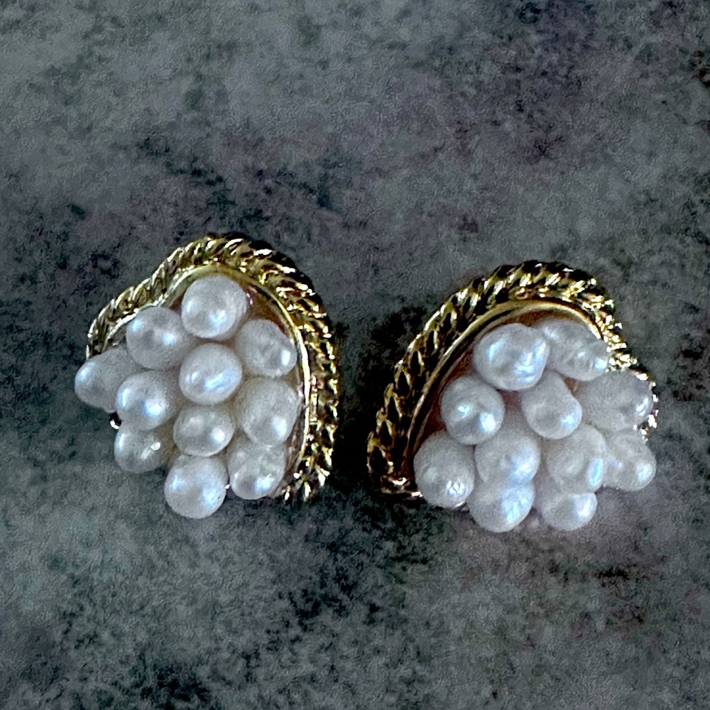 Gold and White Pearl Cluster Earrings